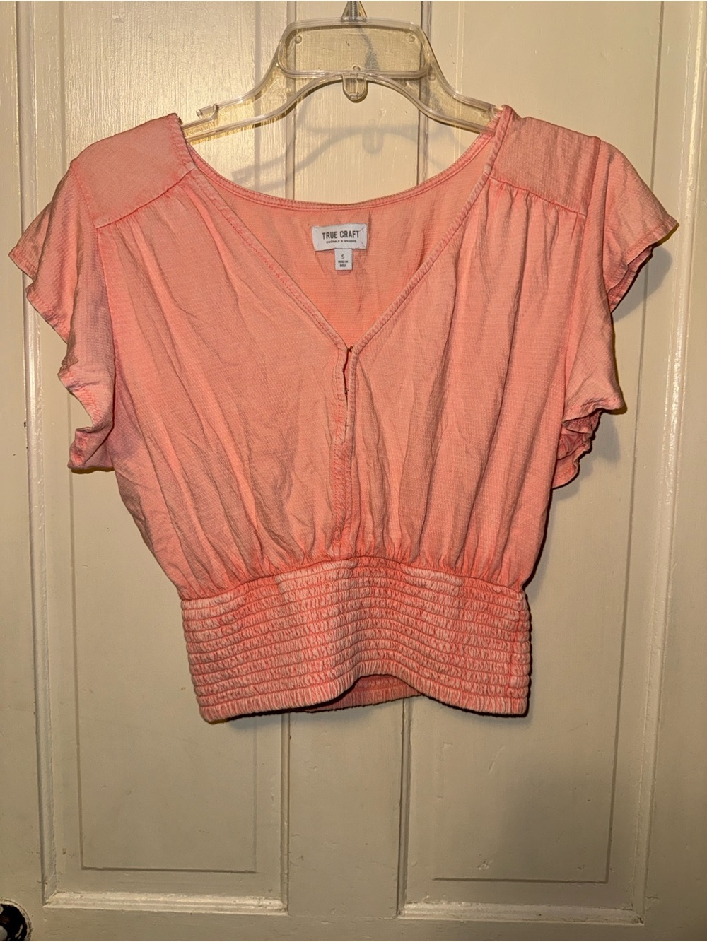 True Craft Women's Peach Short Sleeve Smocked Waist Top Small